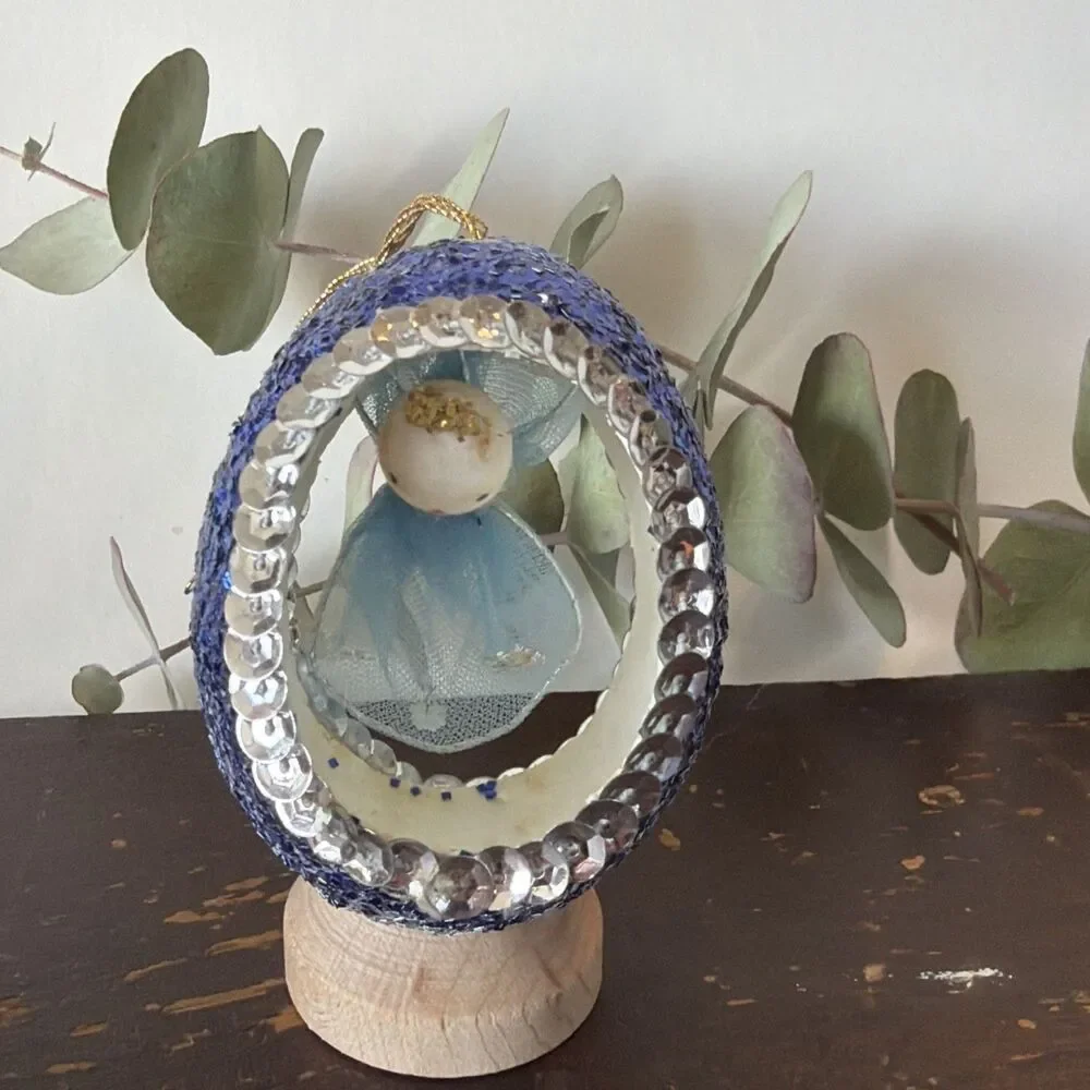Vintage Handmade Angel Diorama Real Egg Christmas Ornament Kitsch 2 Side Blue